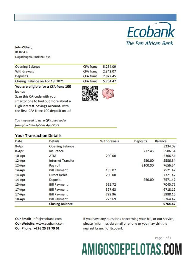 Extrato bancário realista do Ecobank de Burkina Faso, modelo fácil de preencher em formato Excel e PDF